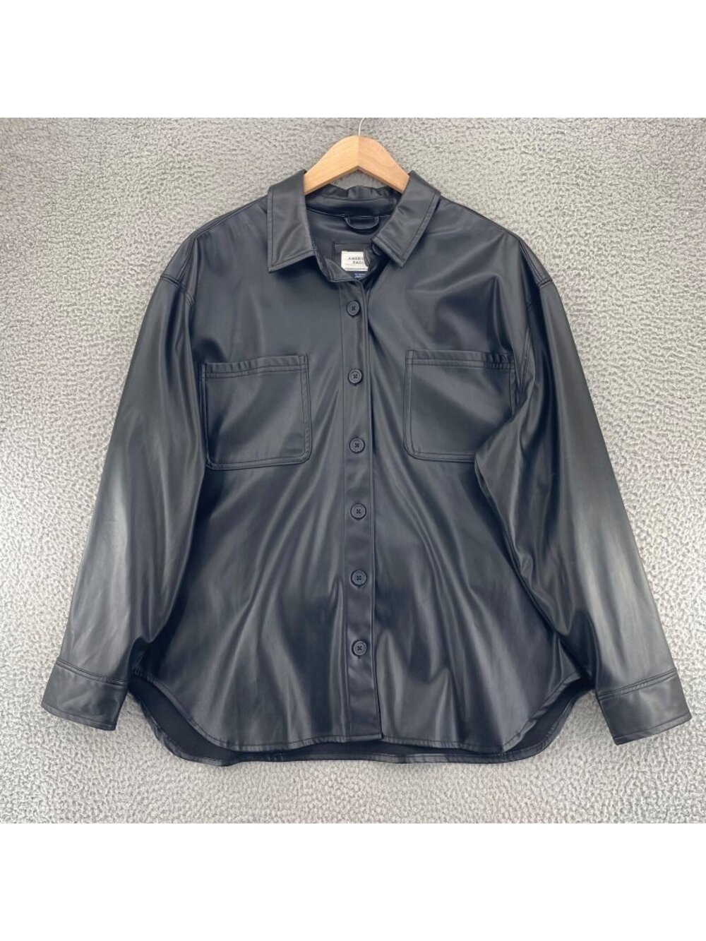 American Eagle Jacket Women Extra Large Black PU Leather Stretch Button Collar